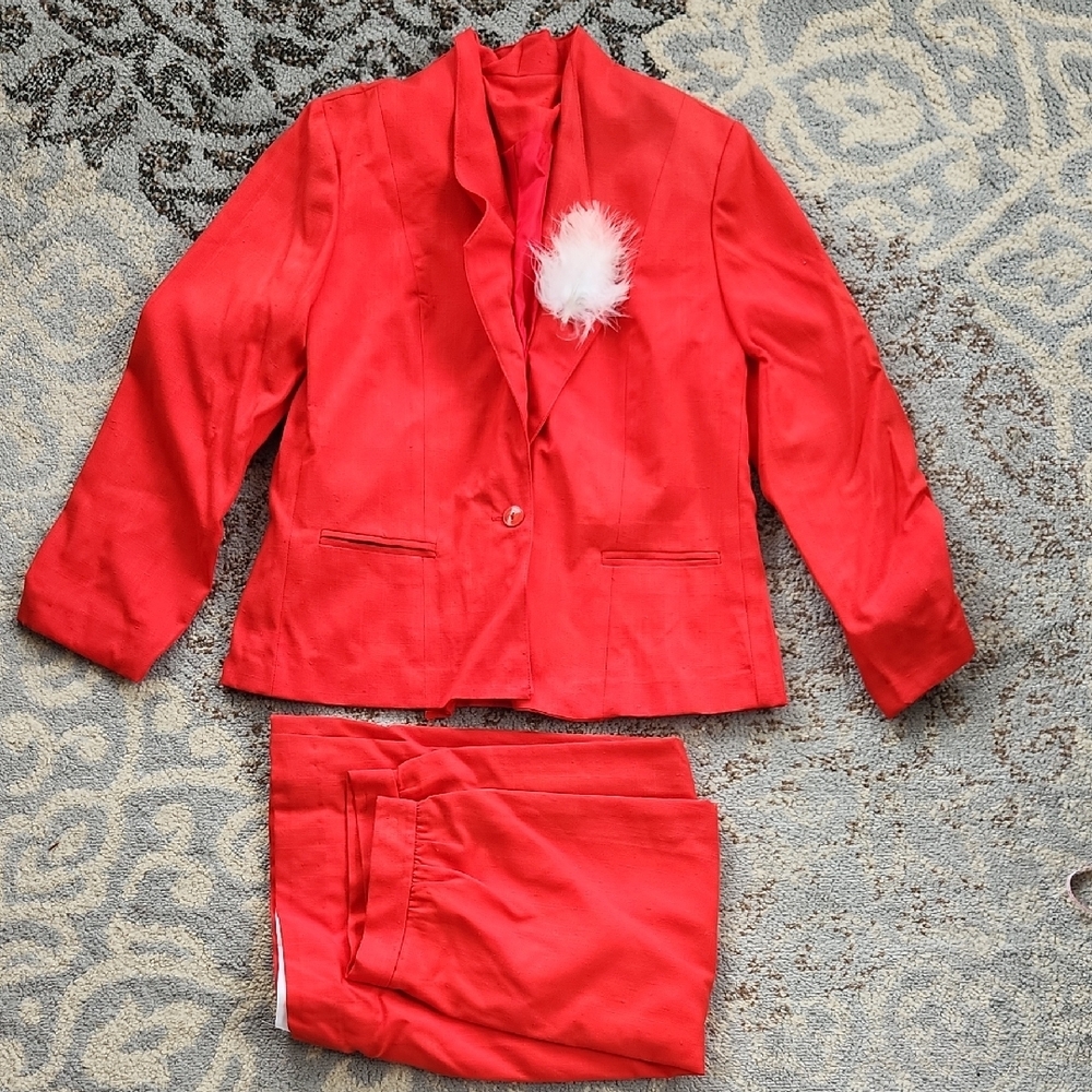 Vintage Red Blazer and Skirt Set with Feather Accent